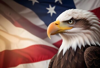 Naklejka premium A bald eagle with a fierce expression perched in front of an American flag, symbolizing American patriotism and national pride