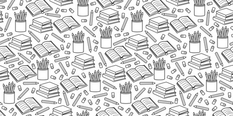 Obraz premium Back to school Background. Back to school theme pattern. book seamless pattern. book and pencil pattern. School and Education Pattern background. School seamless background. Education theme pattern.