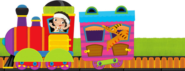 Fototapeta premium Cartoon funny looking colorful train locomotive wagon with dino dinosaur animal lizard and caveman conductor on tracks isolated illustration for children