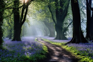 Fototapeta premium Enchanting forest pathway lined with bluebells under a lush green canopy