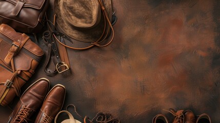 Flat lay of brown leather accessories on dark background.