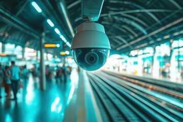 Security camera monitoring crowded train station platform