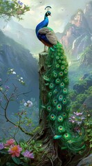 Obraz premium Peacock on a Tree Stump in a Lush Tropical Landscape