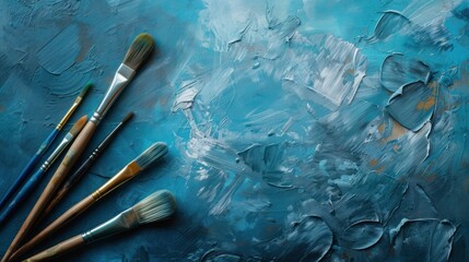 Fototapeta premium Abstract Blue Canvas Background with Paintbrushes.