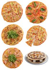 assorted baked hot vegetarian margherita and tomato basil chicken sausage salmon cheese round pizza on white table western vegetarian pastry cuisine halal food hotel luxury cafe menu set combo