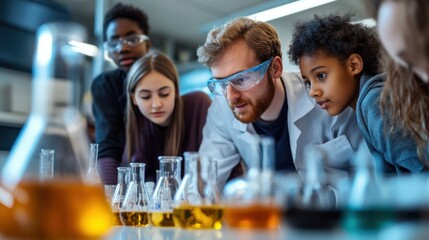 Collaborative Chemistry Experiment in Modern Lab - Teacher and Students Engaged in Hands-On Learning