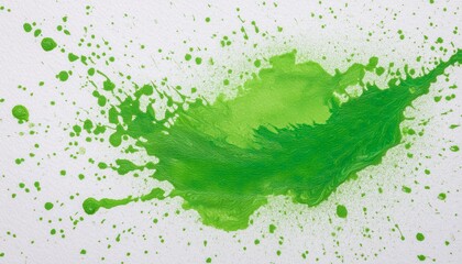 Green paint splash art on a white drawing paper background