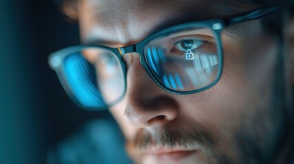 Fototapeta premium Humorous image of a man squinting at a tiny privacy lock icon on a laptop screen.