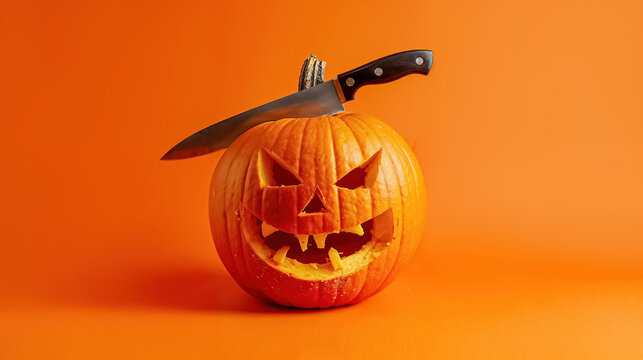 couteau plant&eacute; dans une citrouille d'halloween sculpt&eacute;e - fond orange