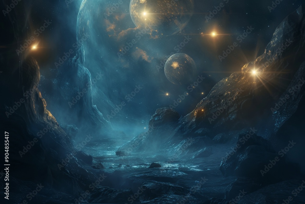 Poster a cave with stars and planets visible in the dark void, floating orbs of light in a dark, mysterious