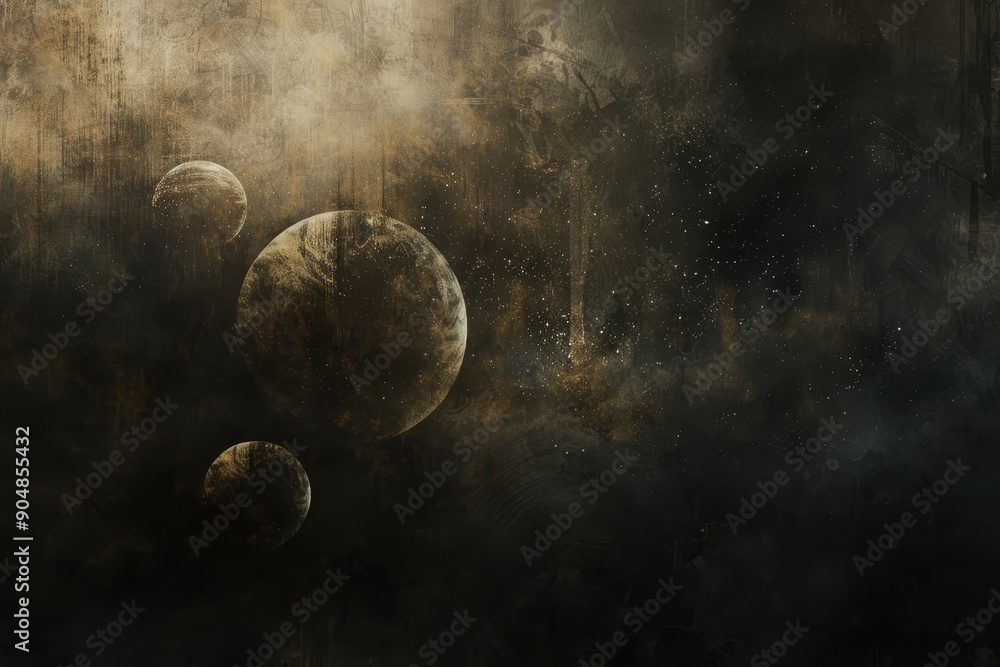 Poster black and white depiction of three planets floating in space, floating orbs of light in a dark, myst