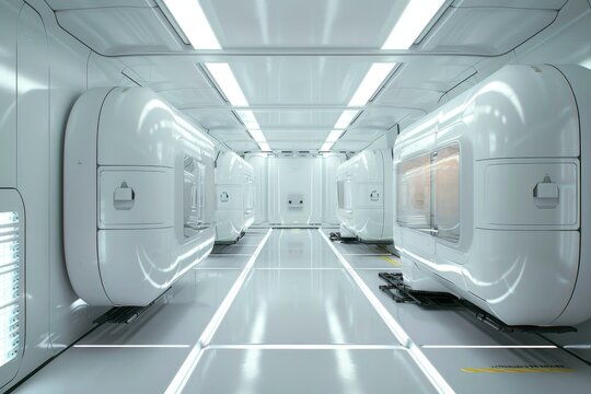 A futuristic room filled with white equipment where floating pods transport medical supplies, Floating pods transporting medical supplies through a sleek, automated facility - Powered by Adobe