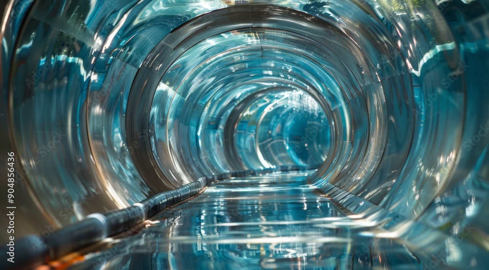 Poster a futuristic and transparent tunnel features an illuminated pathway for a unique experience