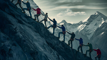Silhouette of climbers climbing to the top of the mountain with mutual assistance and teamwork. Concept scene of a team of alpinists, Group people to the mountain climbing helping team work at sunset.