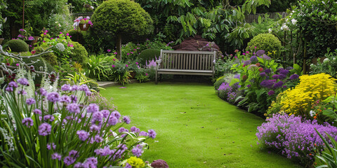 A beautiful garden with green grass and flowers