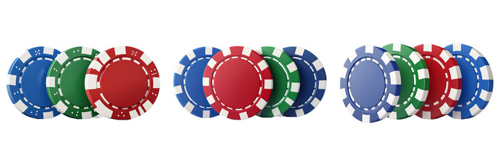 Collection of Set Of Three Poker Chips In Red, Blue, And Green On Transparent Png Background For Betting Options Advertisements . Generative ai