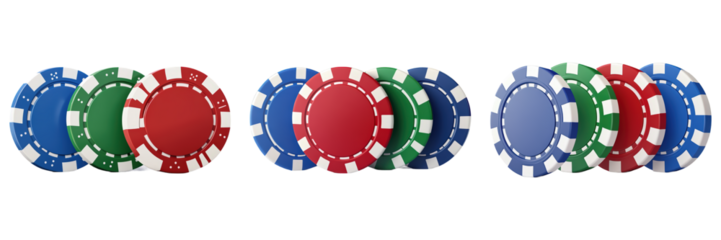 Collection of Set Of Three Poker Chips In Red, Blue, And Green On Transparent Png Background For Betting Options Advertisements . Generative ai