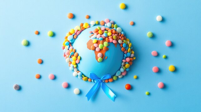 Concept of World Diabetes Day , a blue ribbon is in the middle of the world , Colorful candies around the world , Generative AI