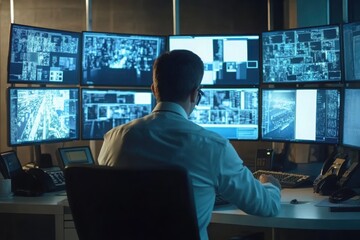 Security Analyst Monitoring Data on Multiple Screens