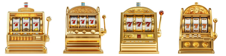 Collection of Shining Golden Slot Machine On Transparent Png Background For Slot Game Advertisements . Generative ai