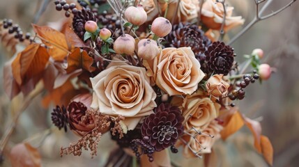 Fototapeta premium Rustic bouquet of roses with cinnamon sticks in a white cup on a natural background.