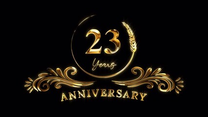 23rd Anniversary Celebration. Happy 23 Years Anniversary Animation in Gold Color on the Transparent Background, Alpha Channel. Great for greetings, celebrations, events, and gifts.