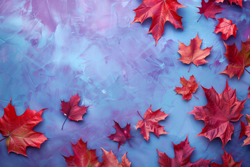 Red maple leaves on a purple background. An abstract autumn creative concept. A flat lay, top view. A mockup for design.