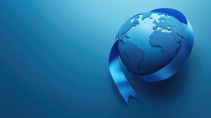 Concept of World Diabetes Day , The world is surrounded by a blue ribbon on blue background , Generative AI