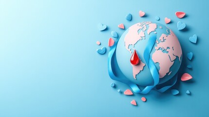 Concept of World Diabetes Day , a blue ribbon is in the middle of the world , Colorful candies around the world , Generative AI