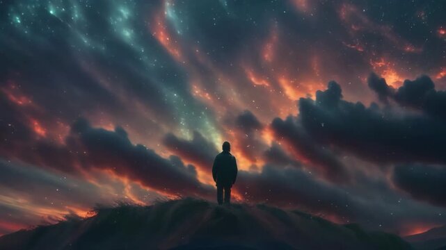 A lonely man standing on a hill and watching the cosmos. View of the back of a silhouette of a man against the background of the night starry sky