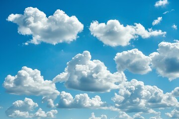 Fluffy cumulus clouds drifting across a vibrant blue sky, Fluffy cumulus clouds floating peacefully in a bright blue sky