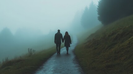 Obraz premium Romantic Couple Walking Hand in Hand on a Foggy Path Through a Serene Forest Landscape