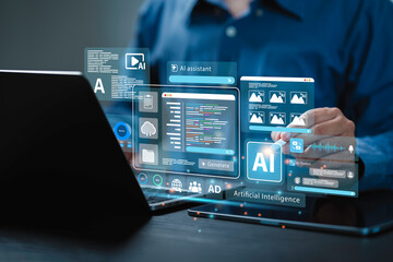 Ai generate concept. Artificial Intelligence Content Generator tool. Man uses a laptop with AI...