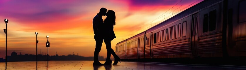 Fototapeta premium Romantic Couple Kissing at Train Station During Vibrant Sunset with Colorful Sky and Silhouetted Train