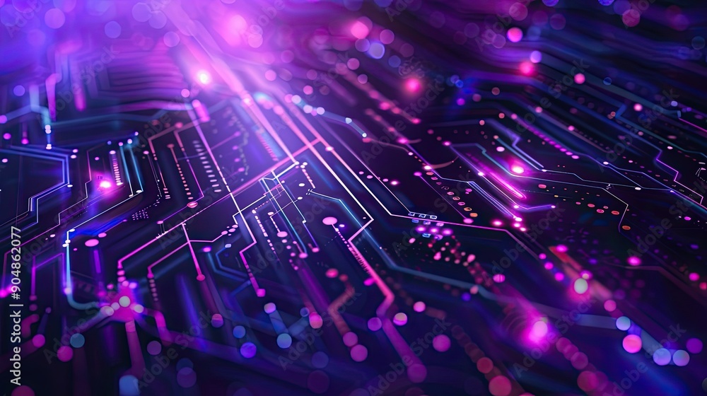 Poster abstract neon circuit board with glowing lines and dots