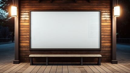 Blank Billboard with a Wooden Frame and Bench at Night