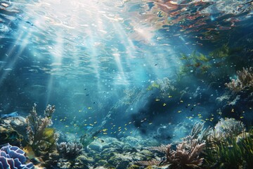 Obraz premium Underwater Coral Reef with Sunbeams