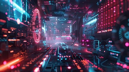 Fototapeta premium Futuristic Cyberpunk Interior with Neon Lights and Digital Displays