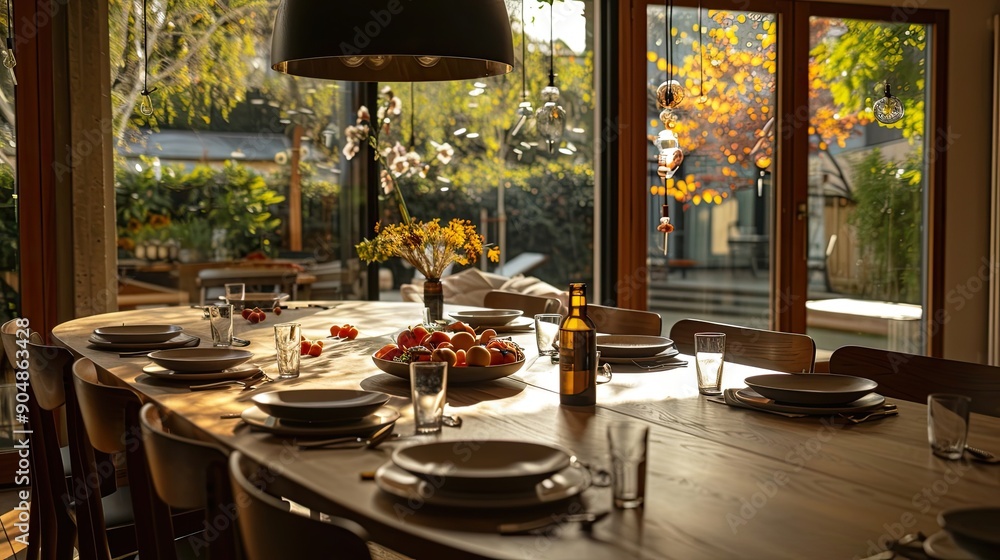 Poster a rustic dining table set for a meal with a view