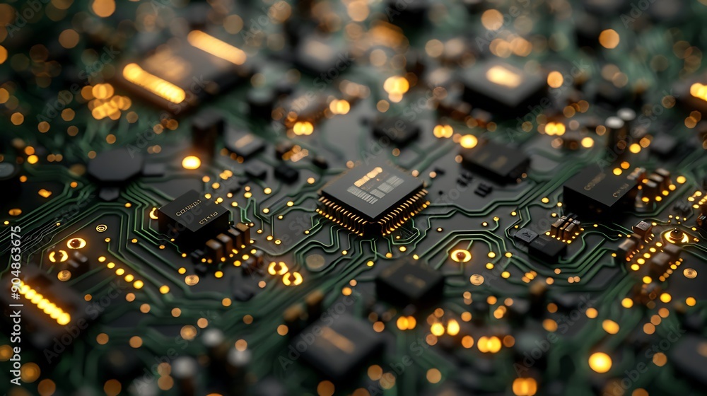 Poster close-up view of a high-tech circuit board with glowing orange lights and advanced microchips repres
