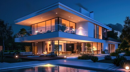 Fototapeta premium Modern Home with a Pool and Patio at Dusk