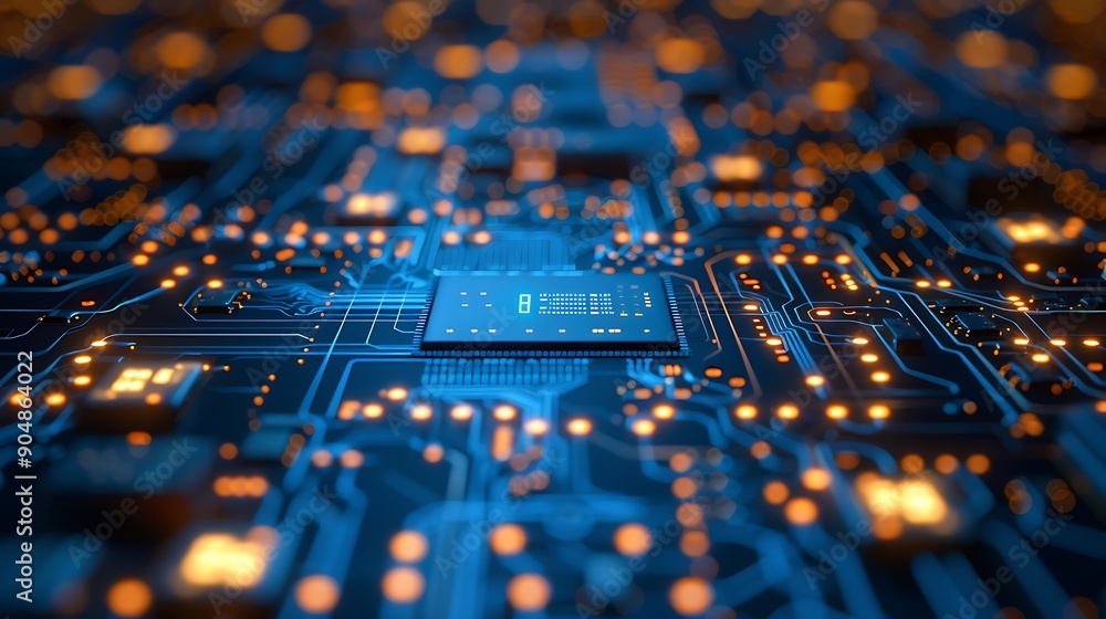 Poster close-up view of a high-tech circuit board with glowing orange lights and advanced microchips repres