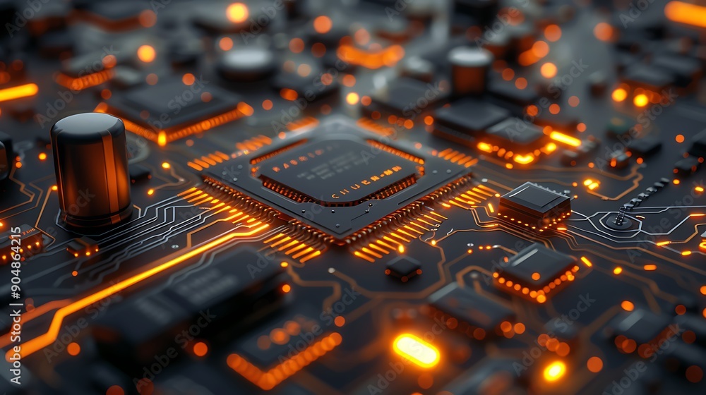 Poster close-up view of a high-tech circuit board with glowing orange lights and advanced microchips repres