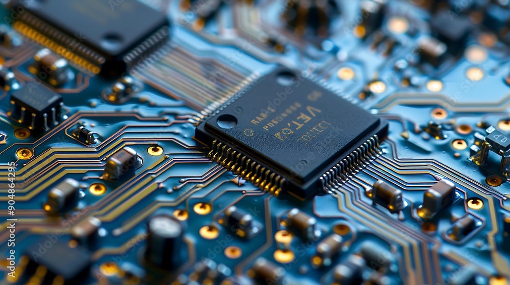 Poster close-up view of a high-tech circuit board with glowing orange lights and advanced microchips repres