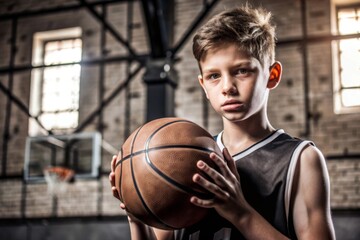 Young basketball player with classic ball. Basket in background. Junior level basketball player holding game ball