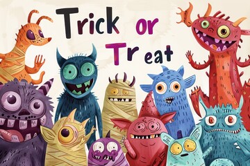 Monster Mash Collage: A mix of friendly monsters, including mummies, vampires, and werewolves, having fun. The text "Trick or Treat" in a fun, monster-themed font. 
