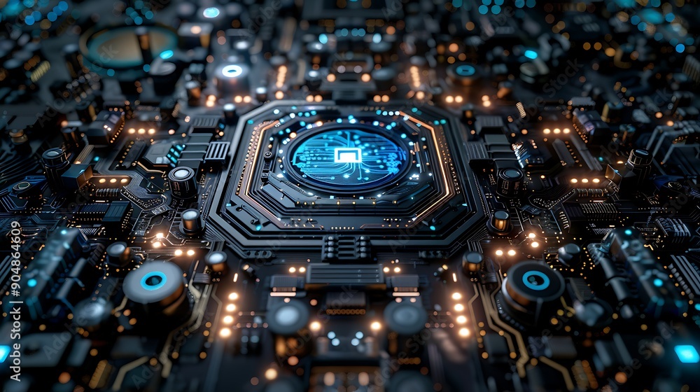 Poster close-up view of a high-tech circuit board with glowing orange lights and advanced microchips repres