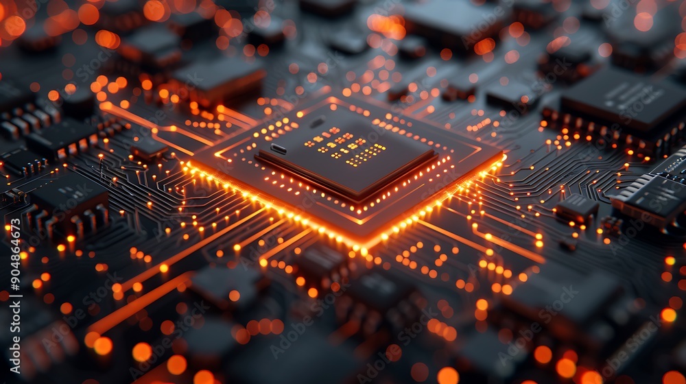 Aufkleber close-up view of a high-tech circuit board with glowing orange lights and advanced microchips repres