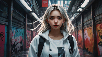 Fototapeta premium Beautiful japanese young girl waiting train in metro. Anime style art design