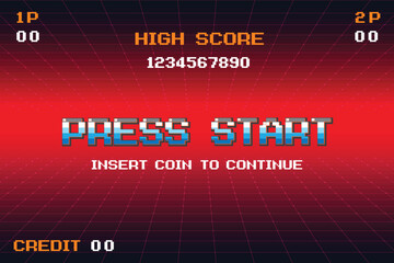 PRESS START INSERT A COIN TO CONTINUE .pixel art .8 bit game. retro game. for game assets .Retro Futurism Sci-Fi Background. glowing neon grid. and stars from vintage arcade computer games